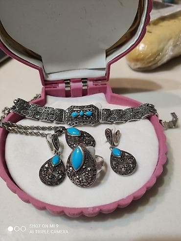 золото серьги кольцо: Бирюза + марказиты. Капельное серебро. Шикарный комплект!!! из 5 — 5