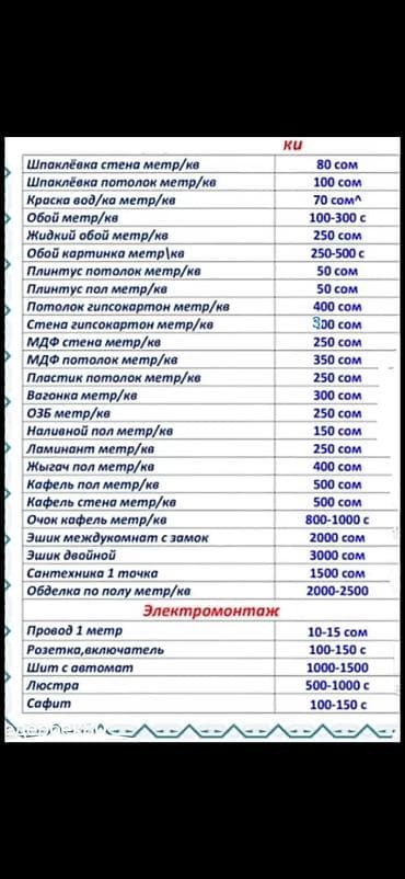 Отделочные работы: Ремонт и отделка помещений + электромонтаж (прайс на работы) — 1