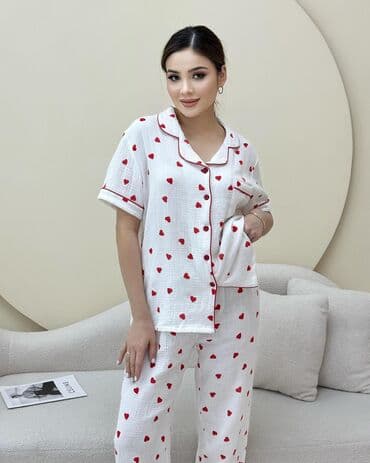 белая ночная сорочка: Пижама, Муслин, На пуговицах, L, M, S — 1