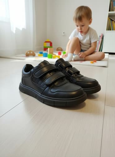 детские весенние спортивные костюмы: Чёрные кожаные полуботинки на липучках. Удобная и практичная обувь для — 1