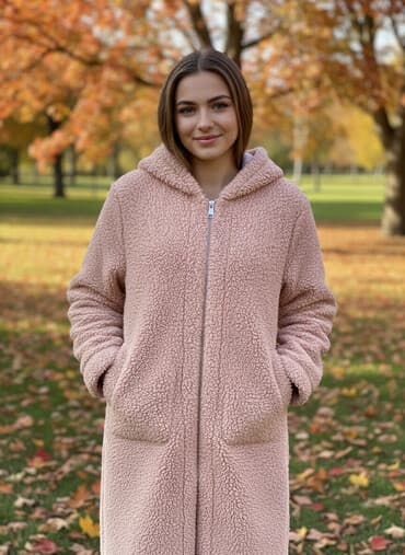 теплый и удобный: Тёплое женское пальто-худи из мягкого «тедди» (овчина/букле) цвета — 2