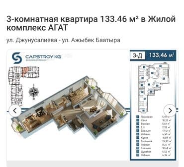 рынок недвижимости бишкек 2023: 3 комнаты, 134 м², Элитка, 13 этаж, ПСО (под самоотделку) — 3