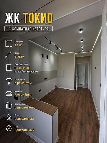 кой таш: 1 комната, 47 м², Элитка, 3 этаж, Свежий ремонт — 1