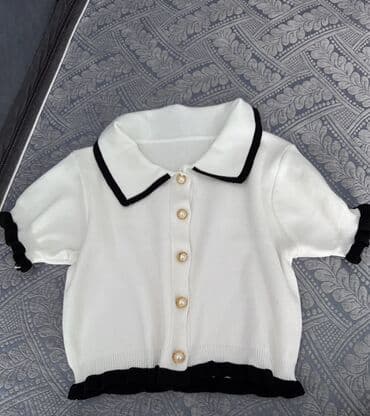 туника вязаная: Трикотажный укороченный кардиган-поло с коротким рукавом Размер — 1