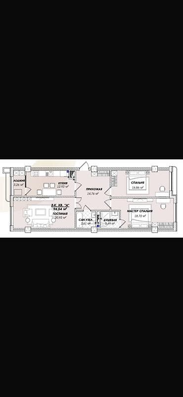 3 комнаты, 94 м², Азия Молл Элитка, 3 этаж, ПСО (под самоотделку) — 1