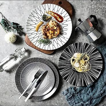 посуда набор: Керамические тарелки с графичным черно-белым узором - Материал — 2