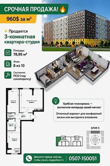3: 3 комнаты, 78 м², 8 этаж, ПСО (под самоотделку) — 1