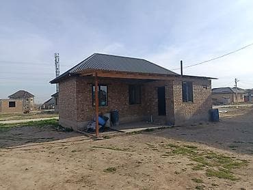 Одноэтажный дом из кирпича с двускатной металлической крышей. -