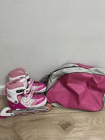 Спорт и хобби: Роликовые коньки детские раздвижные + сумка - Цвет: розовый/белый - — 1