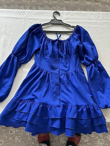 женская туфли: Платье женское, ярко‑синее. - Фасон: короткое (мини) с расклешённой — 2