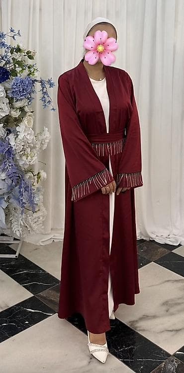 прием серебро: Бордовая абайя-кимоно с декоративной бахромой. - Цвет: насыщенный — 1