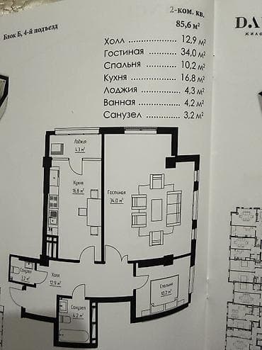жк леонардо: 2 бөлмө, 86 м², Элитка, 4 кабат, Даяр ПСО (өзү оңдоп түзөтүп бүтүү үчүн) — 3