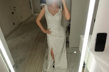 Вечернее платье в пол с разрезом - Цвет: молочно‑белый с мерцающим