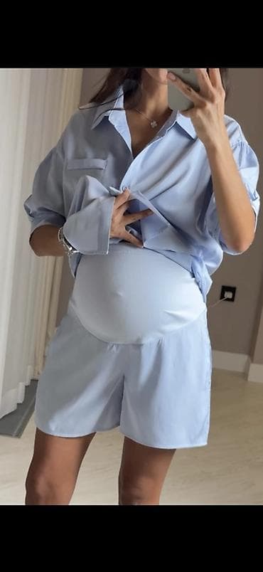 Пальто: Женский комплект в стиле casual: свободная рубашка + шорты, цвет — 3