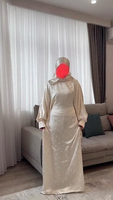 хиджаб бу: Вечернее платье, Длинная модель, Атлас, С рукавами, Все размеры — 2