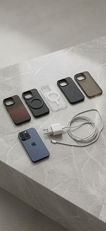 hoco dk2: IPhone 15 Pro, Б/у, 256 ГБ, Blue Titanium, Зарядное устройство, Защитное стекло, Кабель, 85 % — 1