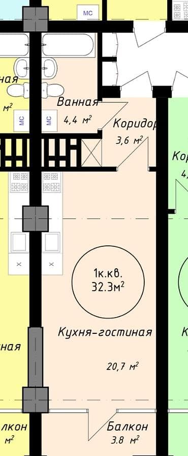kva: Студия, 32 м², парк Фучика Элитка, 8 этаж, ПСО (под самоотделку) — 1