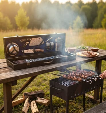 шашлычный мангал: Подарочный набор для шашлыка в чемодане. Комплектация и особенности — 1