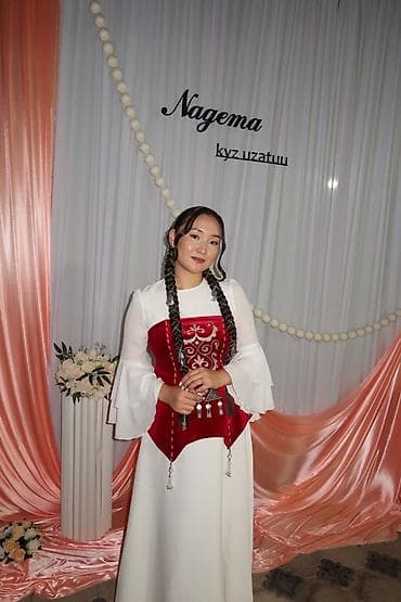 кыргыз кийим: Кыз узатууга көйнөк, L, Ичи көрүнүп турган жеңдер, Корсети менен, Жаңы, түсү - Ак — 3