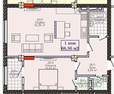 2 комнаты, 68 м², Элитка, 9 этаж, Готовая ПСО (под самоотделку)