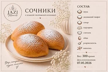 Азык-түлүктөр: ✨ Домашние соченские с творогом от JAZI Moments ✨. 📦 Вес: 300 гр 💰 — 4