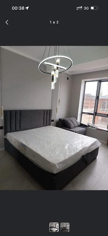 мебельный паралон: Двуспальная кровать с мягким изголовьем + матрас - Размер — 1