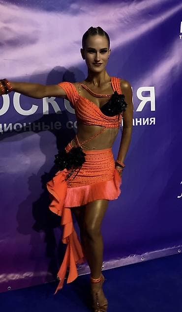 платье для бальных танцев: Бальное платье, Латина, Короткая модель, цвет - Оранжевый — 1