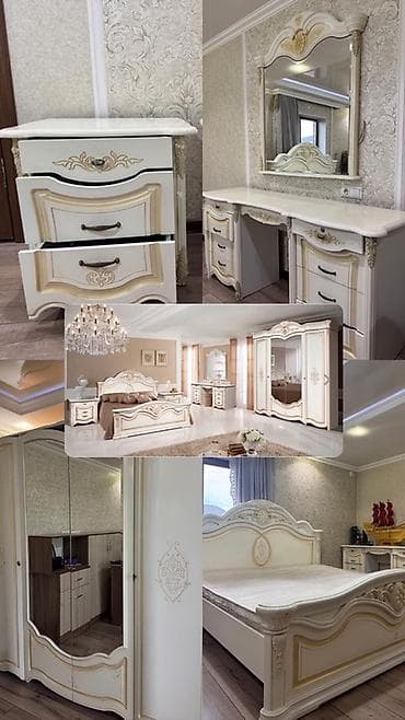 спальный гарнитур барокко: Спальный гарнитур, Б/у, Двуспальная кровать, Шкаф, Комод, Белоруссия, ДСП, Самовывоз, цвет - Бежевый — 2