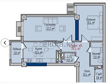 2 room: 2 комнаты, 74 м², Элитка, 10 этаж, ПСО (под самоотделку) — 2