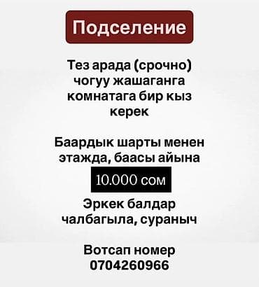 Тез арада (срочно) чогуу жашаганга комнатага бир кыз керек Баардык at lalafo.kg Тез арада (срочно) чогуу жашаганга комнатага бир кыз керек Баардык