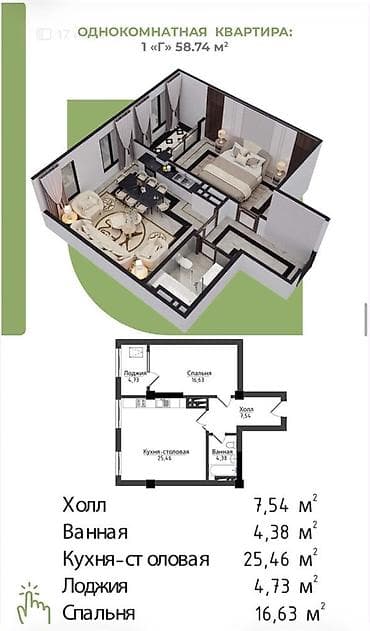 Недвижимость: 1 комната, 59 м², Элитка, Асанбай мкр Элитка, ПСО (под самоотделку) — 2