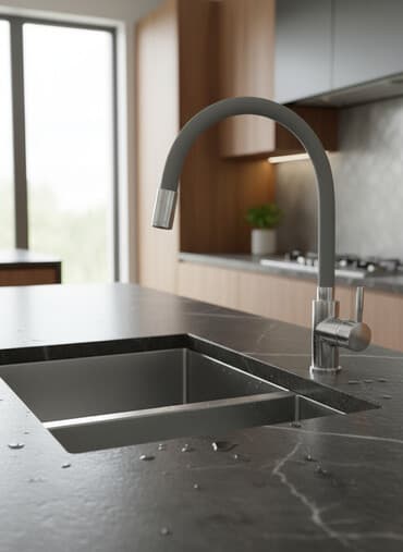 шланги поливные: Смеситель для кухни с гибким изливом серого цвета. Конструкция — 1