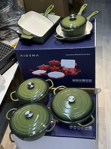 Набор чугунной посуды AIDEMA — Cast Iron Dutch Oven Set, зелёный. 7в1