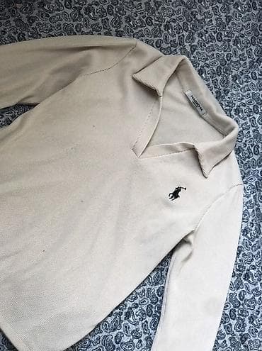 мужской рубашка: Бежевое поло/лонгслив с длинным рукавом и воротником-лапелем. - — 1