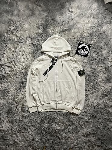 Толстовки: Худи на молнии Stone Island, белое - Классический крой с капюшоном на — 2