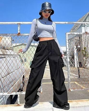 Брюки: Широкие женские карго-брюки - Цвет: черный - Посадка: комфортная, на — 1