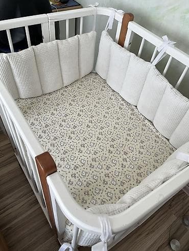 Мебель: Детская кроватка качалка с бортиками и матрасом, - Материал — 3