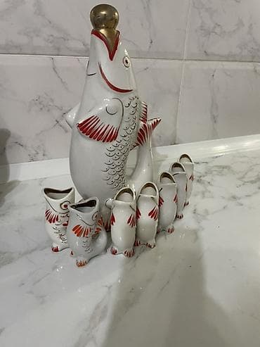 стакан одноразовый: Фарфоровый набор «Рыбки» (гжельского типа) для подачи напитков — 1