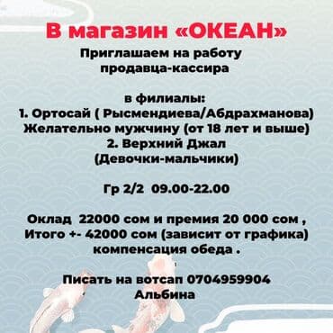 Вакансия: продавец-кассир в магазине «ОКЕАН» Локации филиалов: - at lalafo.kg Вакансия: продавец-кассир в магазине «ОКЕАН» Локации филиалов: -