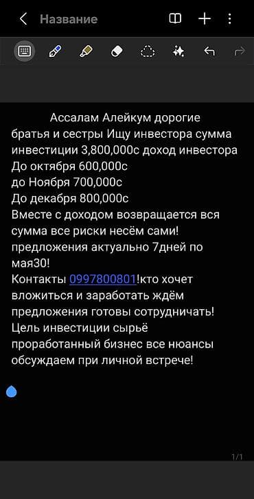 Инвестиционное предложение Ищем инвестора. Сумма инвестиций: 3 800 lalafo.kg да Инвестиционное предложение Ищем инвестора. Сумма инвестиций: 3 800