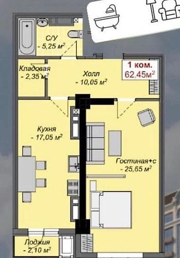group: 1 комната, 63 м², Элитка, 5 этаж, Готовая ПСО (под самоотделку) — 9