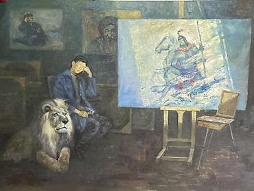 Сүрөттөр жана портреттер: Картина маслом на холсте: интерьер мастерской с художником и — 2