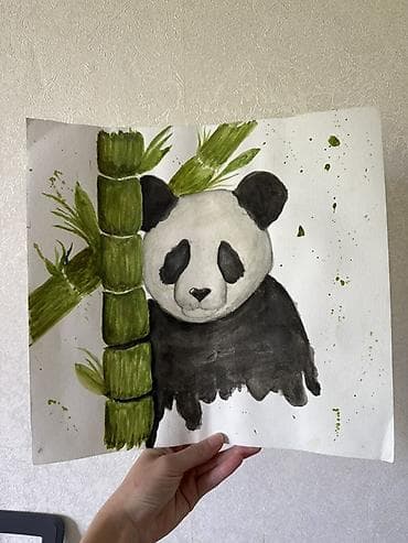 bubble tea: Акварельная иллюстрация «Панда и бамбук» - Оригинальная ручная работа — 1