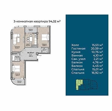 однакомнатная квартира под псо: 3 комнаты, 94 м², Элитка, 12 этаж, Готовая ПСО (под самоотделку) — 7