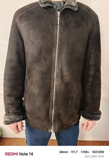 tech fleese: Мужская дублёнка-пальто, чёрная. - Материал: натуральная кожа — 8