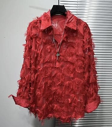 Полупрозрачная рубашка-сетка в ярко-красном цвете с объемным фактурным