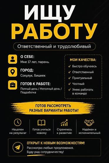 Ищу работу О себе: - 17 лет, парень - Город: Сокулук, Бишкек Готов к — 1