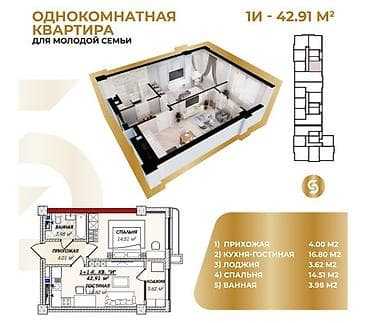 binar: 1 комната, 43 м², Элитка, 4 этаж, Готовая ПСО (под самоотделку) — 3
