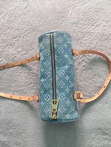 женские туфли для танцев: Сумка-бочонок из денима с монограммным жаккардовым узором в голубом — 3