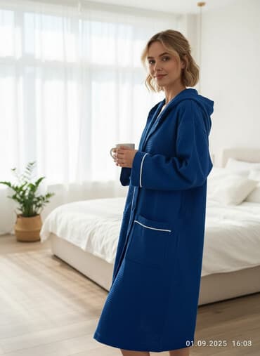 белая ночная сорочка: Вафельный халат с капюшоном - Цвет: насыщенный синий с контрастным — 1